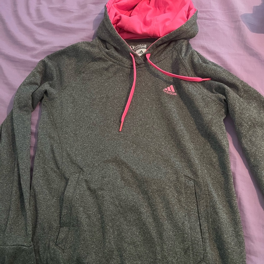 Adidas Charcoal Hoodie with Vibrant Pink Accents